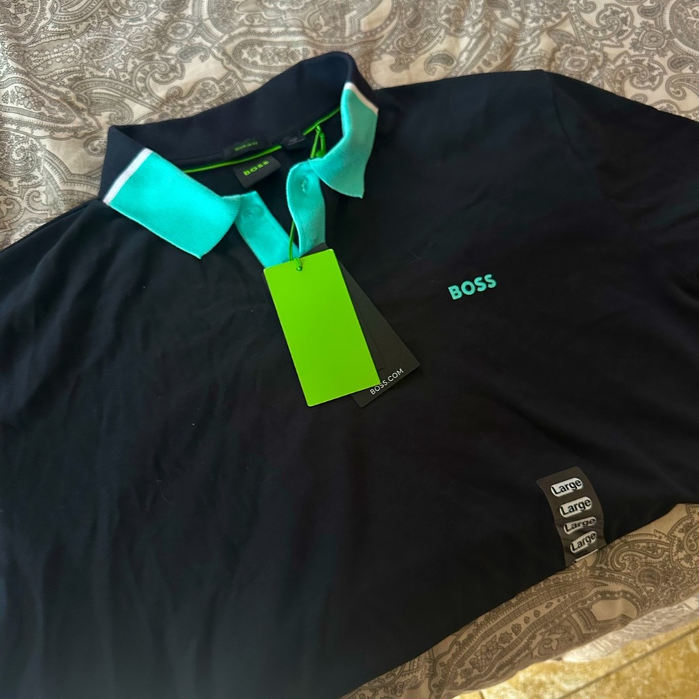 HUGO BOSS boss navy blue polo shirt with baby blue collar